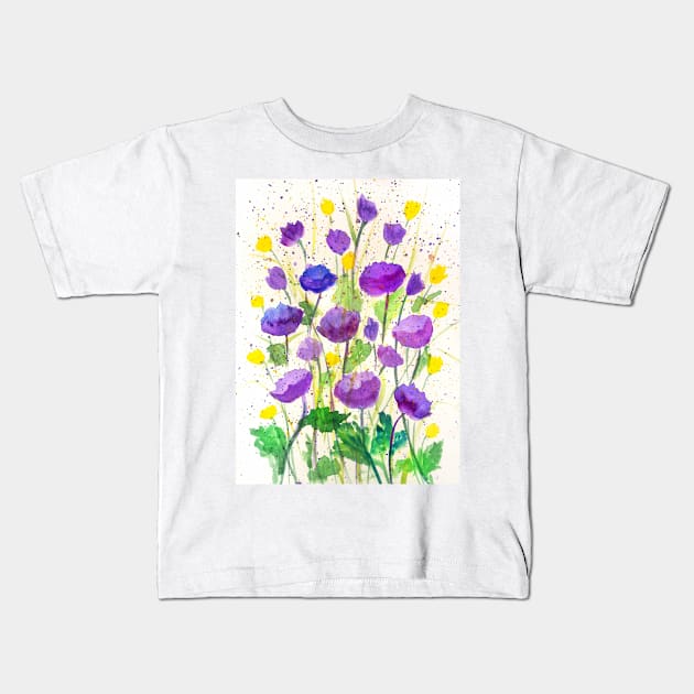 Purple poppies watercolor painting Kids T-Shirt by redwitchart